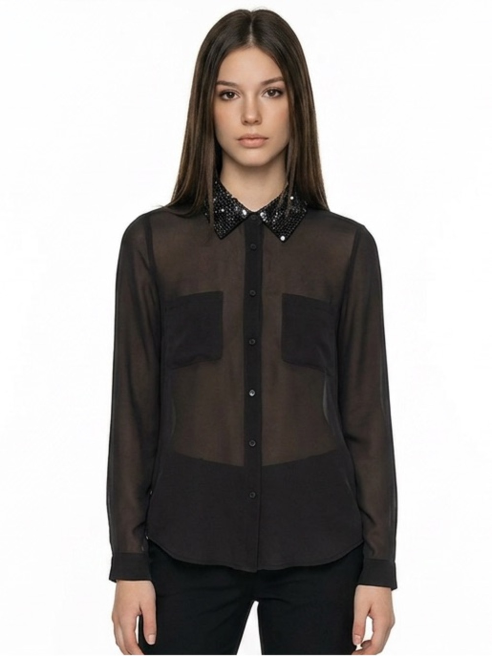Wyatt Grey sequin collar sheer button down blouse